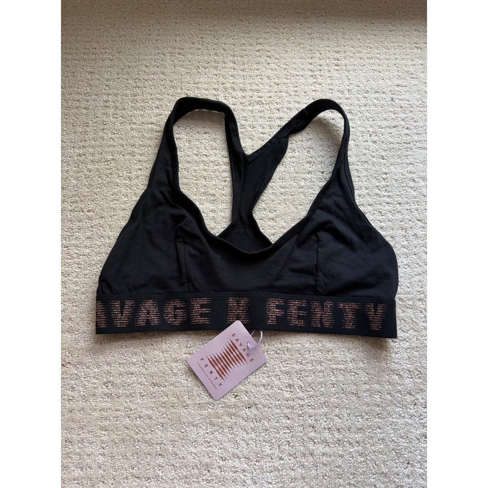 Savage X Fenty Rihanna Bralette Women L Black New Racerback Logo Cotton Blend
